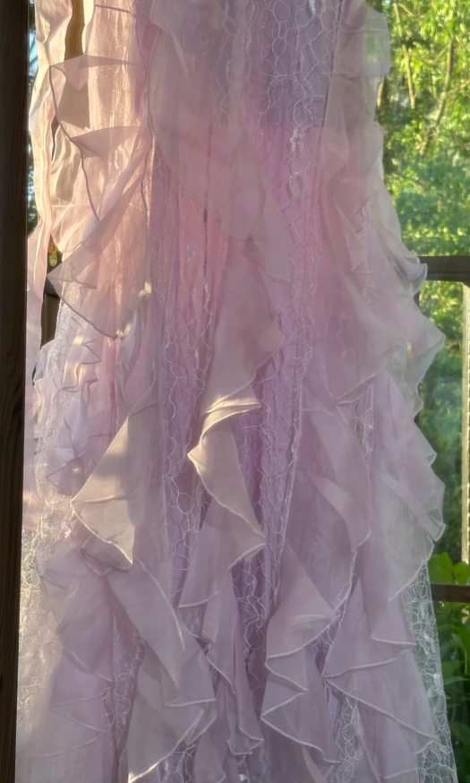 Classy Pink Spaghetti Straps V Neck Lace Chiffon Ruffle Mermaid Evening Dress Long Party Dress with Ribbon