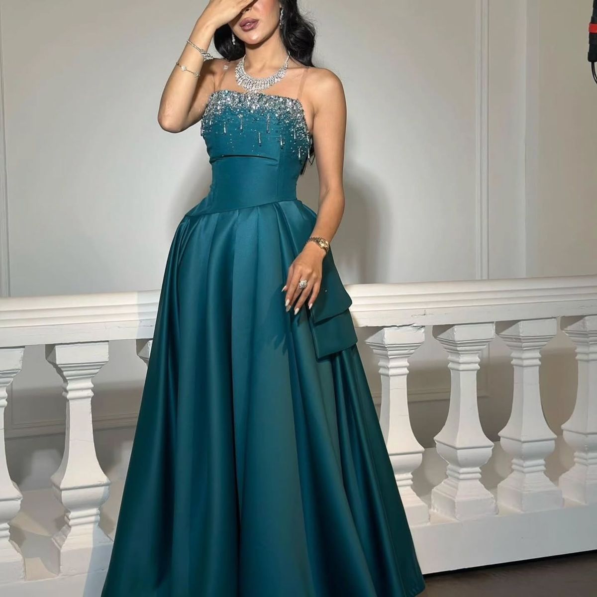Elegant Teal A-line Spaghetti Strap Slit Satin Long Prom Dress Evening Dress