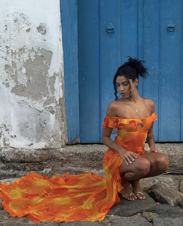 Sexy Orange Irregular Ruffled High Slit Chiffon Prom Dress