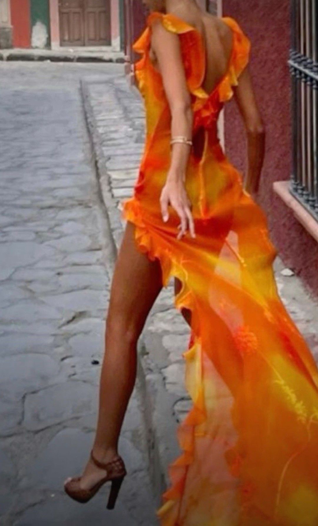 Sexy Orange Irregular Ruffled High Slit Chiffon Prom Dress