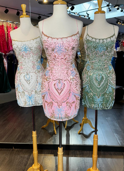 Gorgeous Pink Thin Strap Beaded Sequins Slim Birthday Dress Homecoming Dress