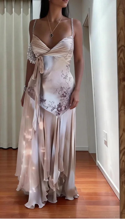 Elegant Pink V-Neck Spaghetti Strap Mermaid Satin Chiffon Long Prom Dress Evening Dress