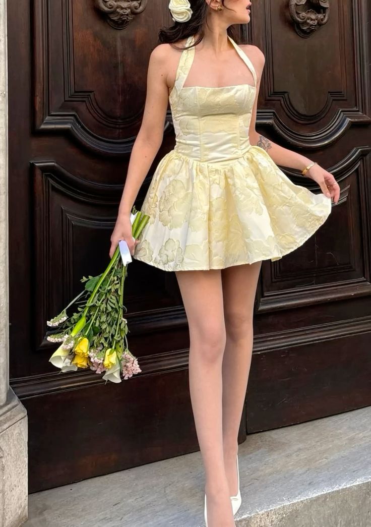 Sweet Light Yellow Halterneck Floral Jacquard A-line Birthday Dress Homecoming Dress