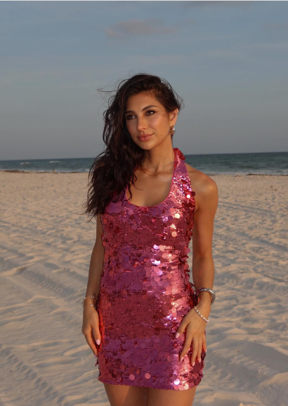 Shining Fashion Rose Pink Halter Neck Sequin Slim Birthday Dress Homecoming Dress