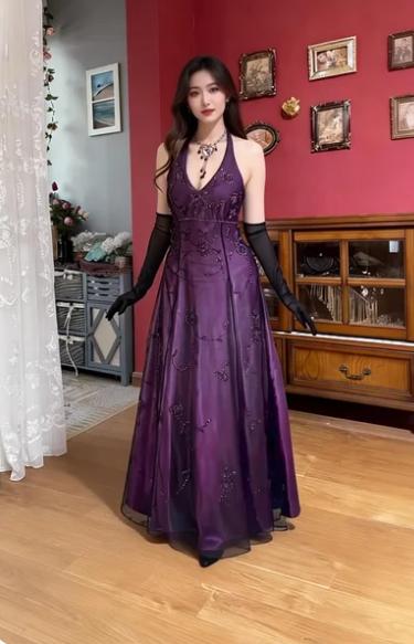 Vintage Dark Purple Halter Neck A-Line Beaded Satin Long Prom Dress Evening Dress
