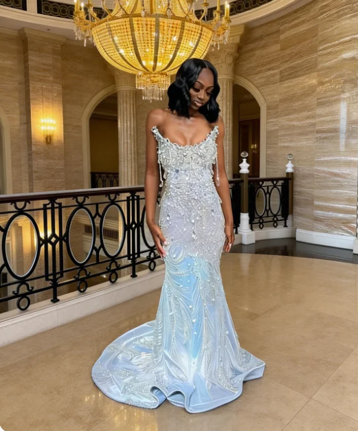 Gorgeous Light Blue Mermaid Beaded Satin Train Prom Dress Evening Dress