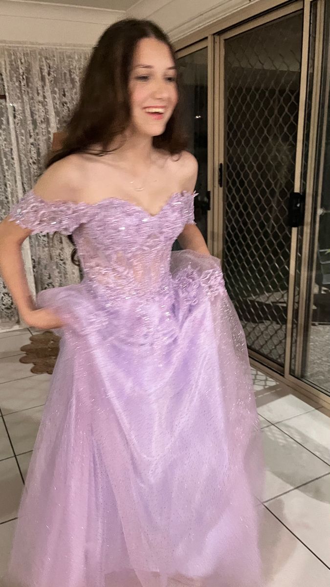 Dreamy Purple Off-the-Shoulder Beaded Lace Tulle Long Prom Dress Evening Dress