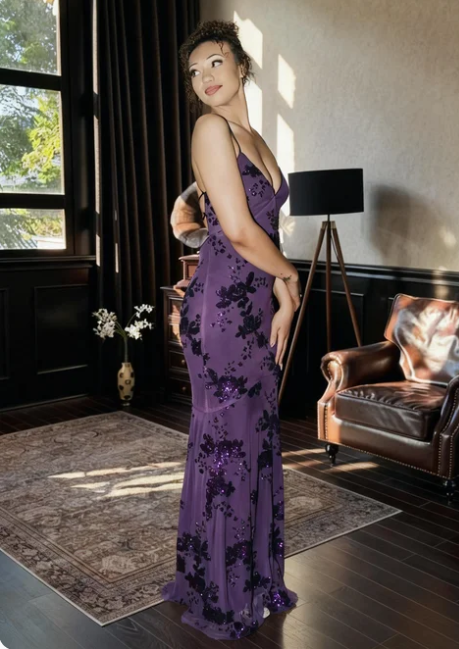 Vintage Dark Purple Deep V Spaghetti Strap Mermaid Sequin Tulle Long Prom Dress Evening Dress