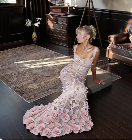 Dreamy Pink Square Neck Mermaid 3D Floral Beaded Sequin Tulle Long Prom Dress Evening Dress