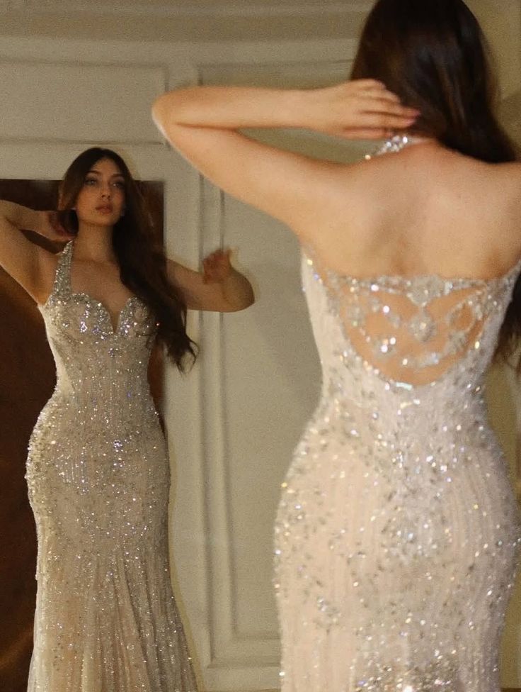 Gorgeous Beige Halter Neck Mermaid Beaded Sequin Tulle Long Prom Dress Evening Dress