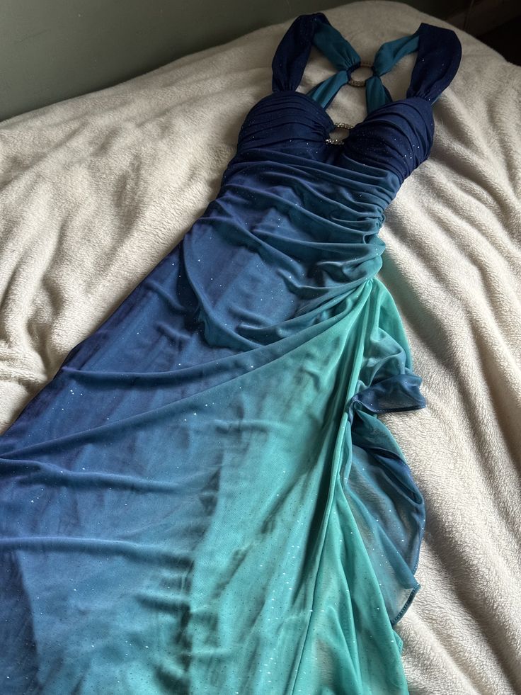 Dreamy Gradient Blue-Green Halter Neck Ruched Chiffon Long Prom Dress Evening Dress
