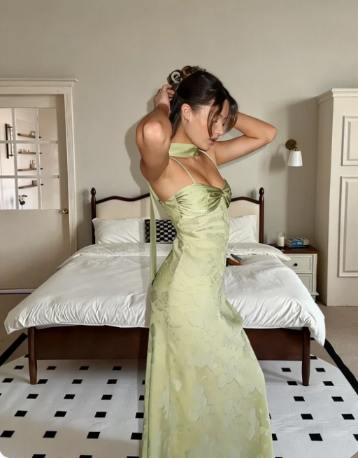 Vintage Light Green Spaghetti Strap Jacquard Satin Long Prom Dress Evening Dress
