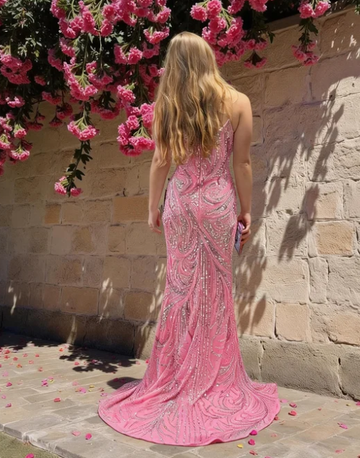 Shimmering Pink Strapless Mermaid Sequin High Slit Train Prom Dress Evening Dress