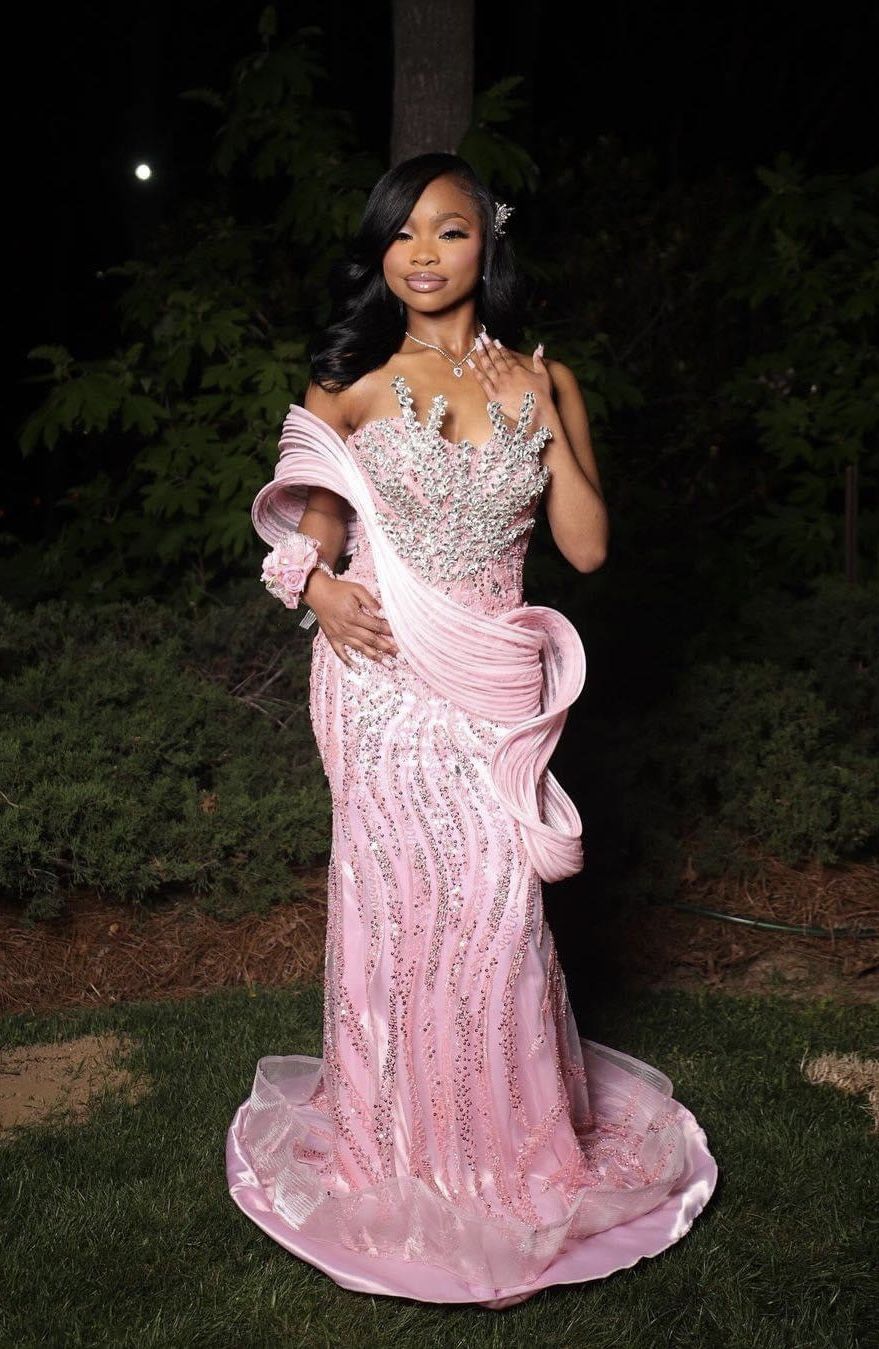 Luxurious Pink Mermaid Beaded Satin Train Prom Dress Evening Dress