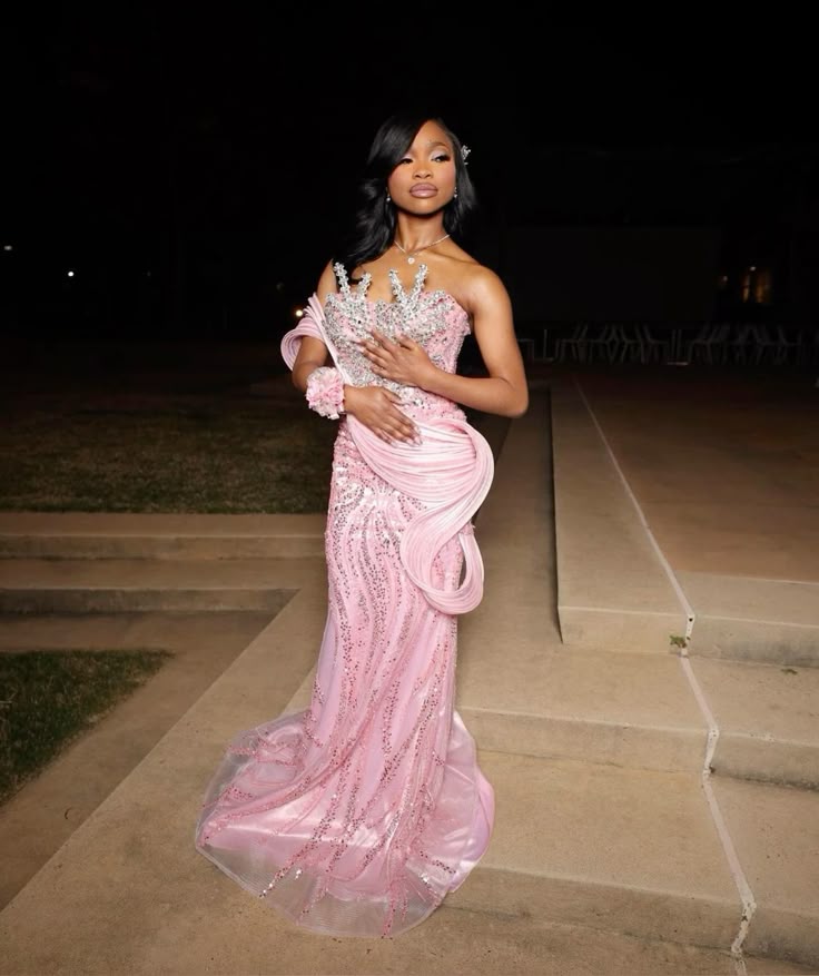 Luxurious Pink Mermaid Beaded Satin Train Prom Dress Evening Dress