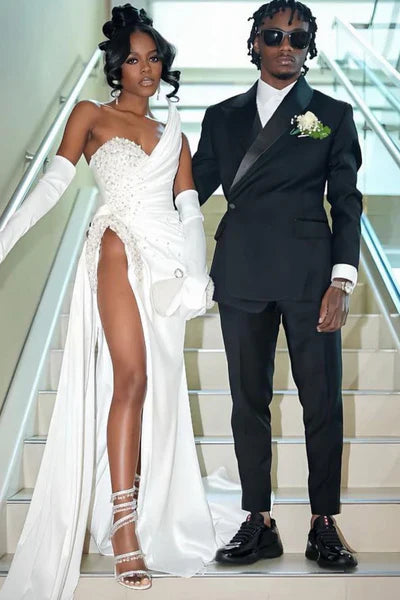 Simple White Pearl Beaded High Slit Satin Train Prom Dress Evening Dress