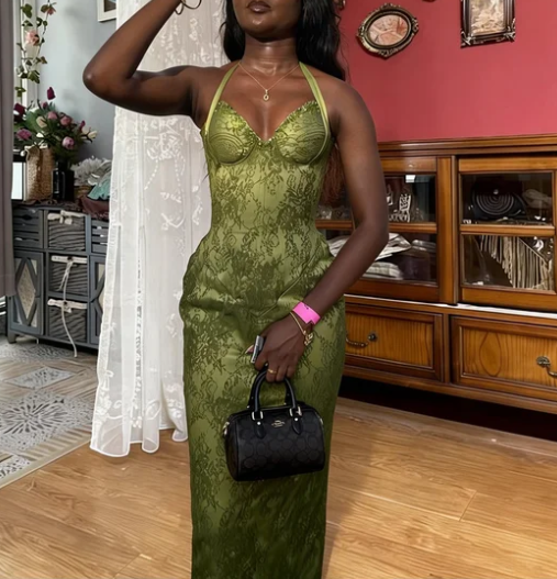 Vintage Green Halter Neck Mermaid Lace Long Prom Dress Evening Dress