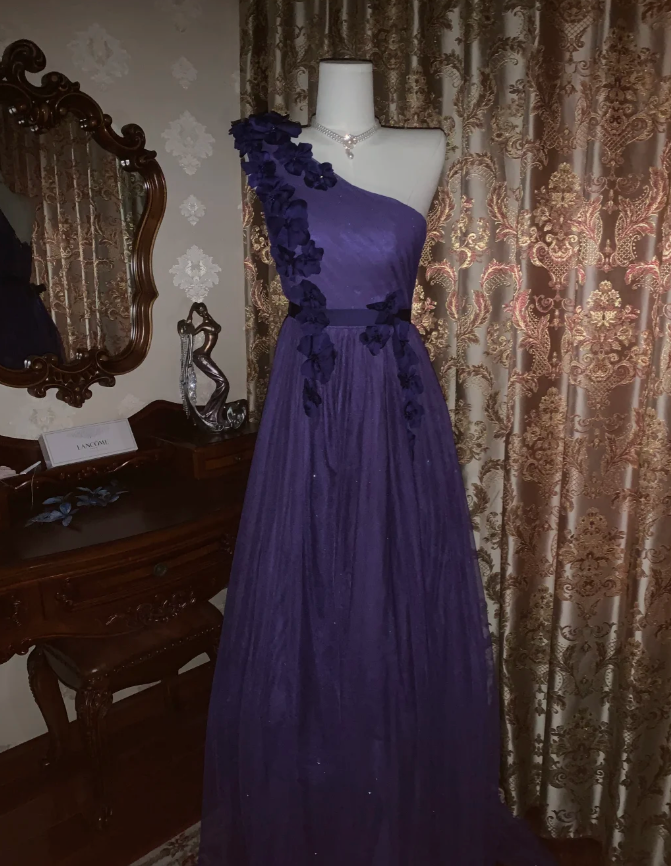 Elegant Purple One Shoulder Tulle Appliques A Line Wedding Guest Dress Long Party Dress