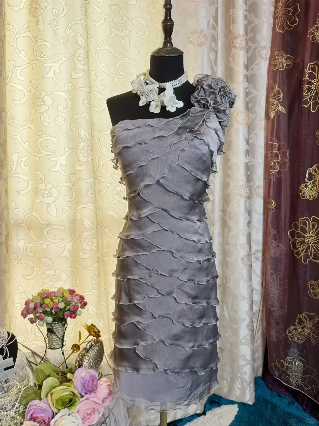 Vintage One Shoulder Gray Chiffon Sheath Cocktail Dress Formal Graduation Homecoming Dress