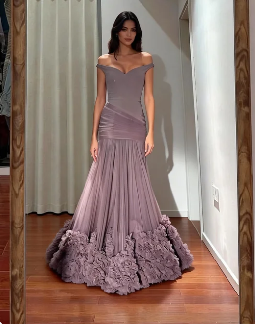 Gorgeous Grey Purple Off-Shoulder 3D Floral Tulle Long Prom Dress Evening Dress
