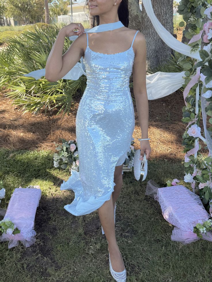 Shimmering Light Blue Irregular Strap Square Neck Slit Sequin Party Dress Bridesmaid Dress