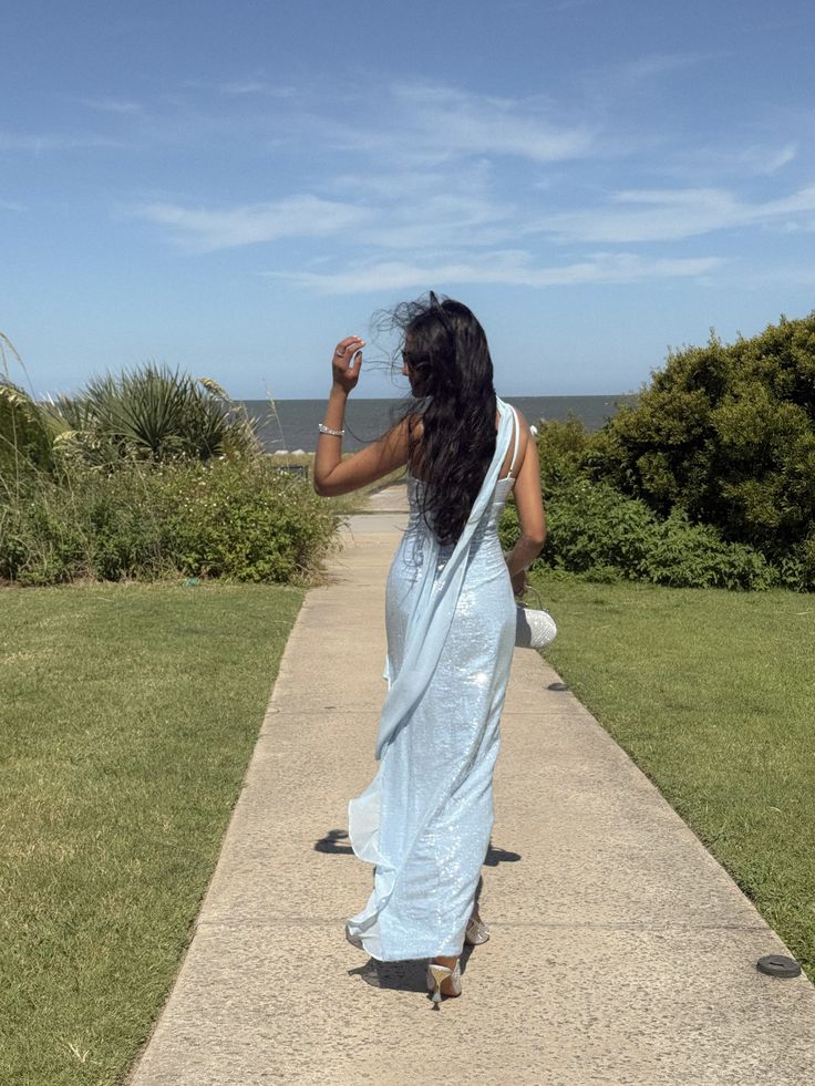 Shimmering Light Blue Irregular Strap Square Neck Slit Sequin Party Dress Bridesmaid Dress