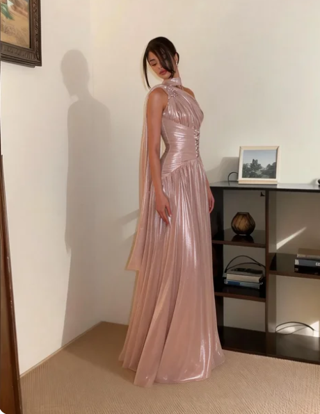 Elegant Dusty Pink One Shoulder Ruched Satin Long Prom Dress Evening Dress