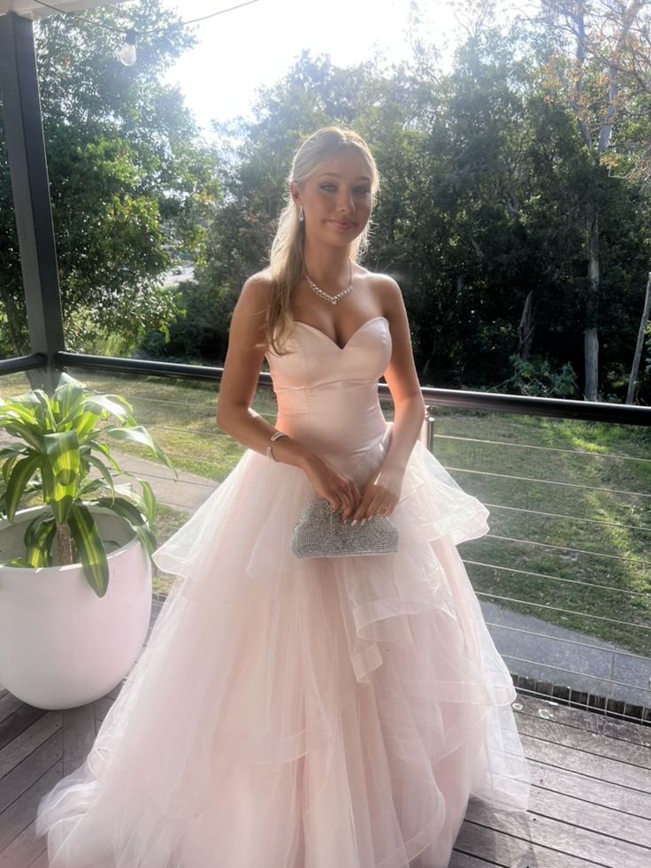 Sweet Pink Heart Neck A-Line Layered Tulle Long Prom Dress Evening Dress