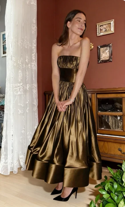 Vintage Bronze Gold Strapless A-Line Satin Long Prom Dress Evening Dress