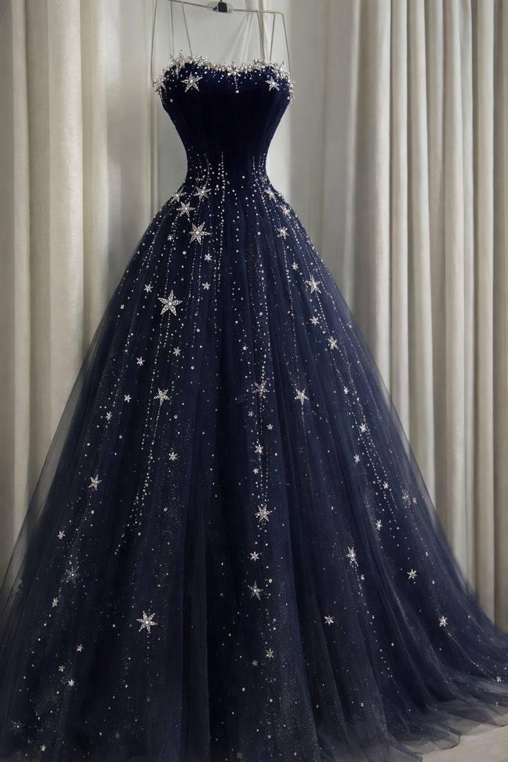 Dreamy Starry Night Navy Blue Star Beaded Tulle Long Prom Dress Evening Dress