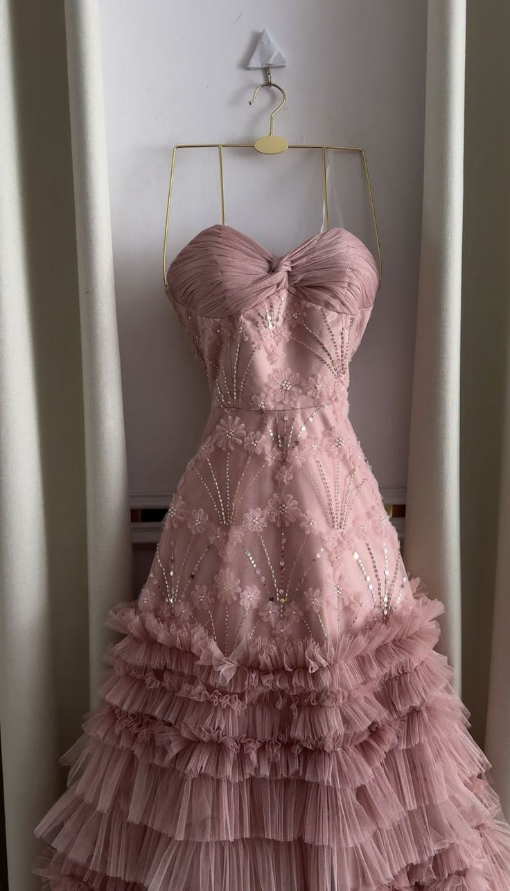 Sweet Princess Pink 3D Floral Beaded Tulle Cake A-Line Long Prom Dress Evening Dress