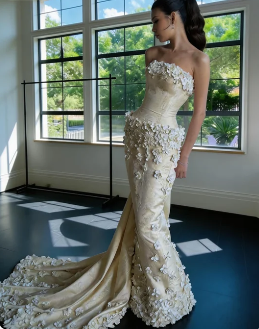 Luxury Cream White Mermaid Strapless 3D Floral Jacquard Satin Train Prom Dress Evening Dress