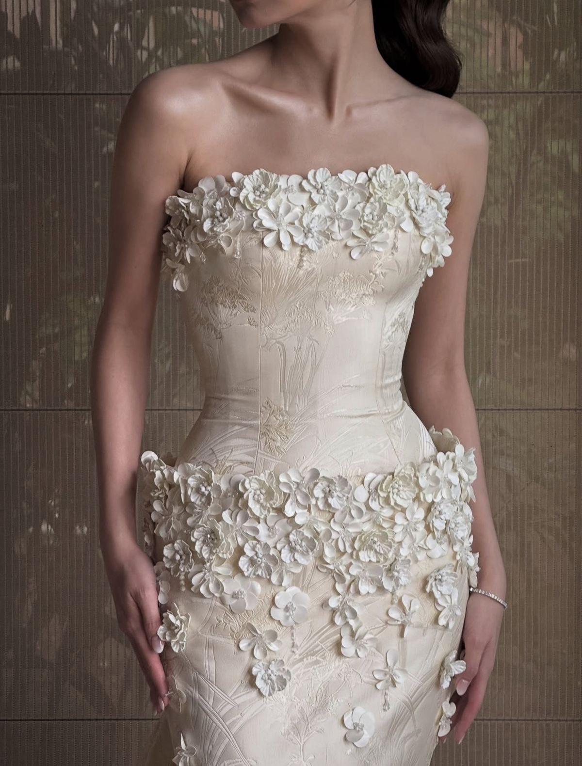 Luxury Cream White Mermaid Strapless 3D Floral Jacquard Satin Train Prom Dress Evening Dress