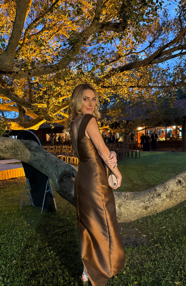 Elegant Bronze Sleeveless Deep V Backless Bow Satin Long Prom Dress Evening Dress