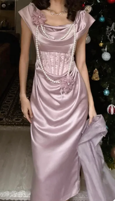 Vintage Dusty Pink Lace Boned Cowl Neck Pearl Flower Satin Long Prom Dress Evening Dress