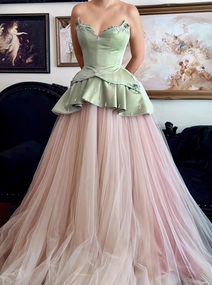 Vintage Court Green Pink Strapless A-Line Satin Tulle Train Prom Dress Evening Dress