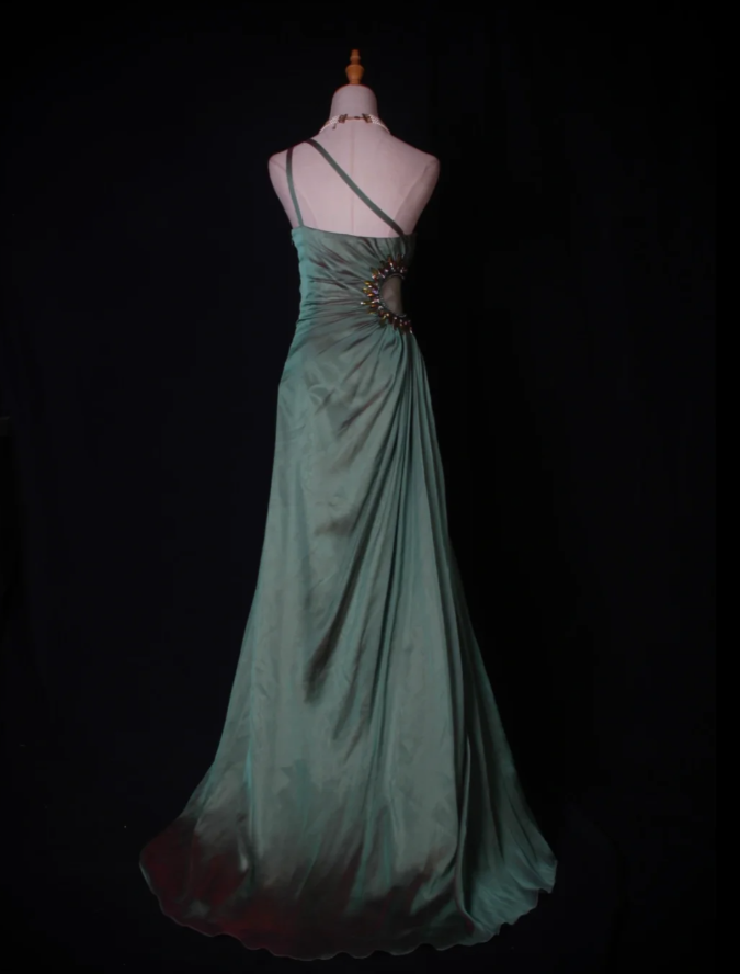 Vintage Green One Shoulder Satin Chiffon Beaded Mermaid Long Evening Dress Birthday Dress