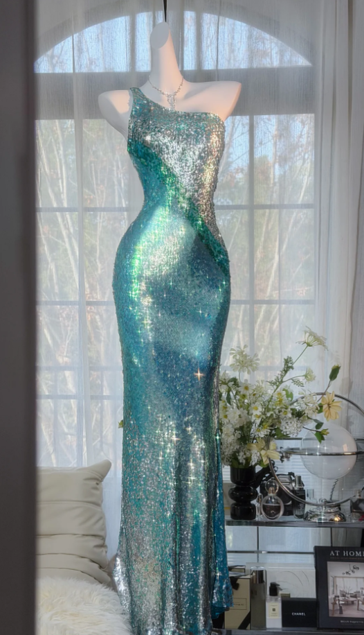 Glitter One Shoulder Blue Sequin Mermaid Long Evening Dress Birthday Party Dress