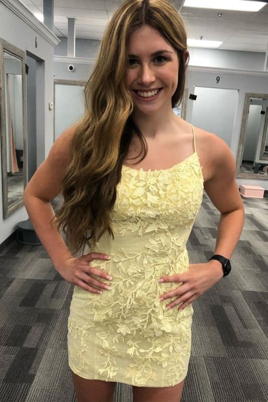 Sweet Light Yellow Suspender Square Neck Three-dimensional Lace Floral Slim Short Birthday Dress Homecoming Dress