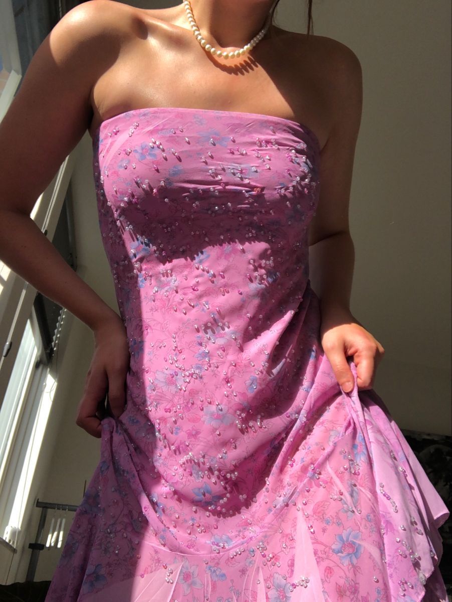 Retro Pink And Purple Tube Top Printed Beaded Chiffon Birthday Party Homecoming Dress