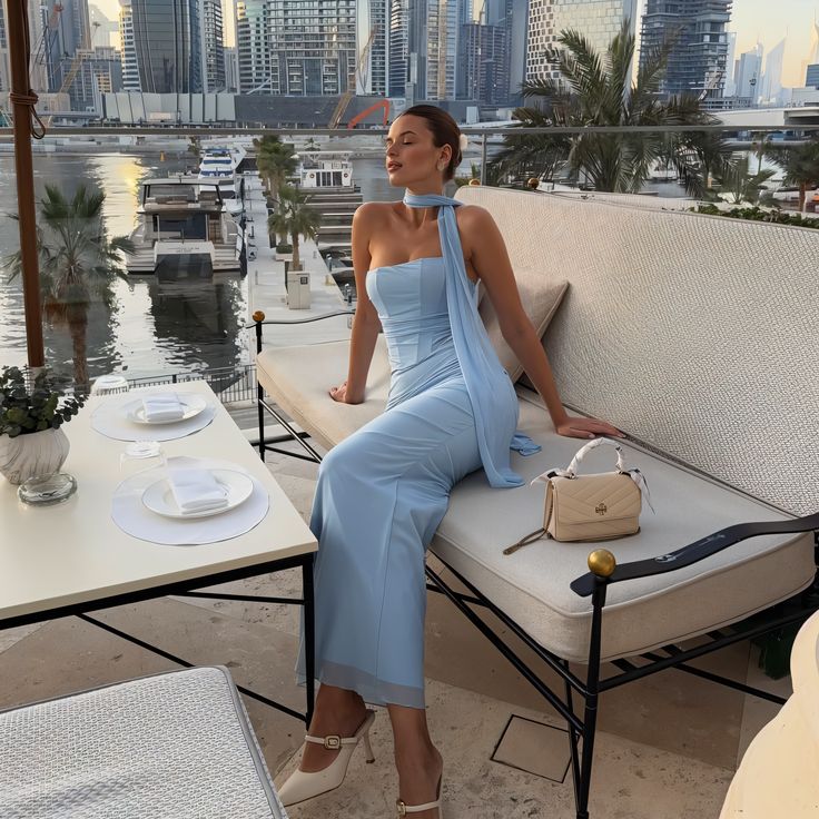 Elegant Light Blue Mermaid Strapless Chiffon Long Prom Dress Evening Dress