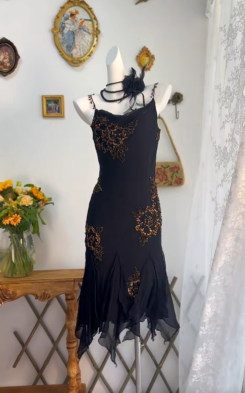 Pretty Spaghetti Straps Black Chiffon Beaded Long Prom Dress Birthday Party Dress