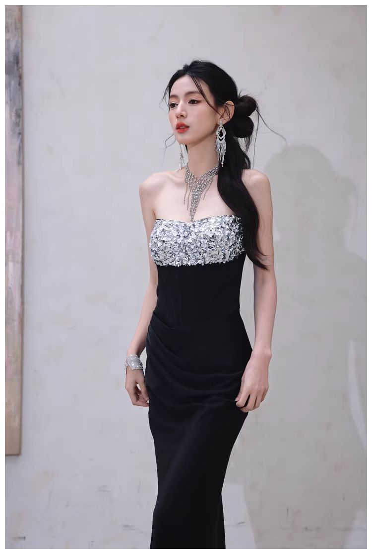 Fashion Black Strapless Satin Sequin Beaded Mermaid Evening Dress Long Wedding Guest Dress