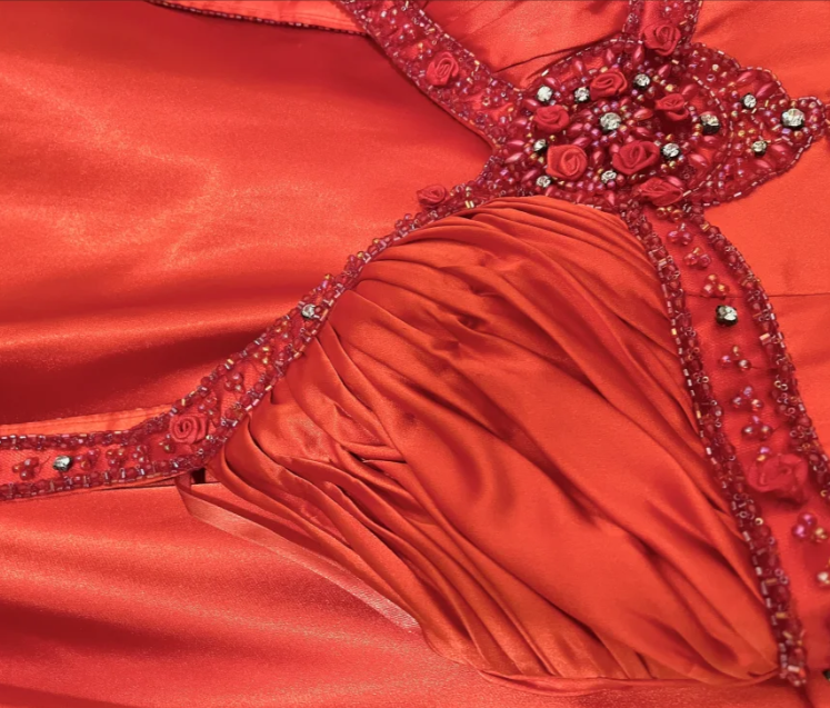 Charming Spaghetti Straps Red V Neck Satin Beaded Party Dress Long Wedding Guest Dress