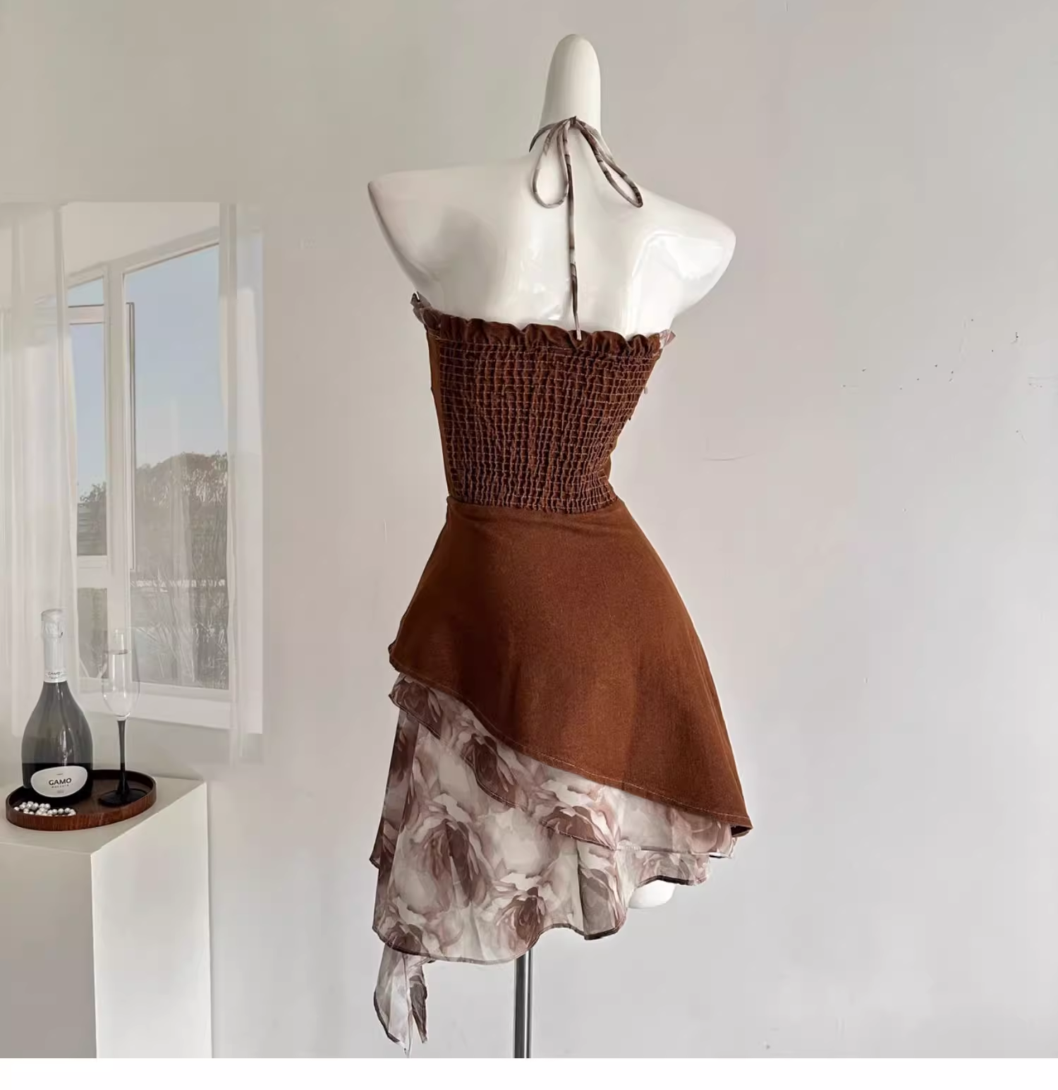 Vintage Strapless Women's Brown Denim Short Party Dress