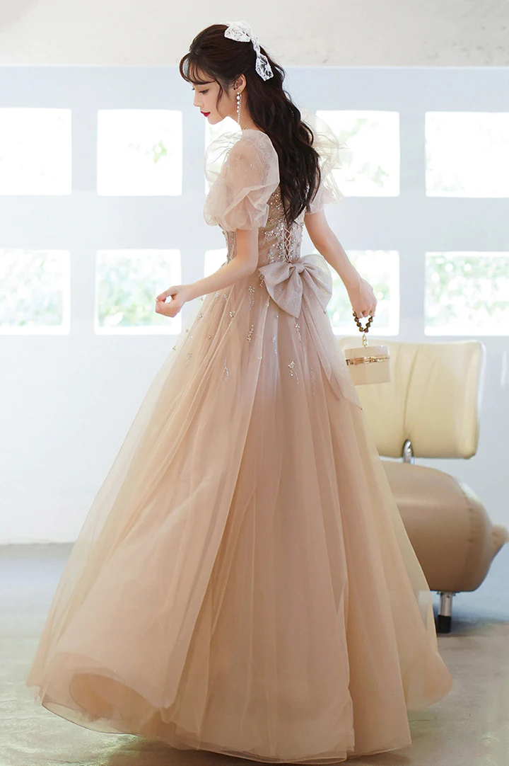 Cute tulle beads long prom dress A line evening gown