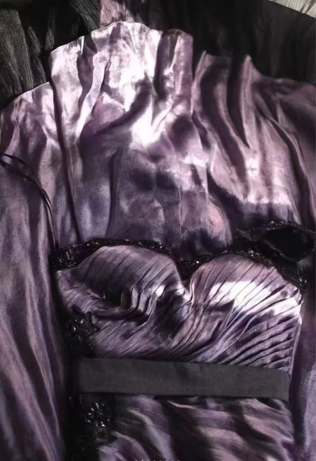 Unique One Shoulder Purple Satin Pleated Tulle Appliques Long Party Dress Birthday Prom Dress
