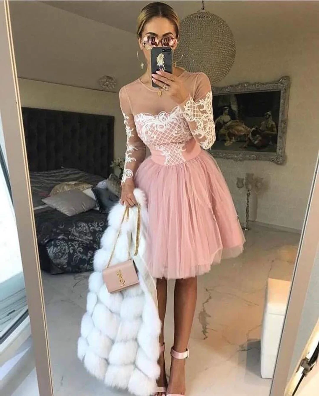 A-line Scoop Pink Lace Short Prom Dress Long Sleeve Homecoming Dress