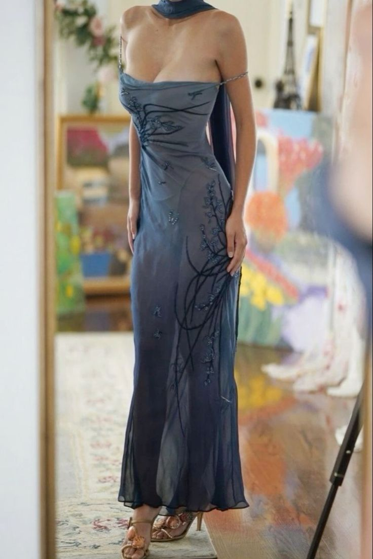Elegant Blue Mermaid Prom Dress ,Spaghetti Straps Evening Dress