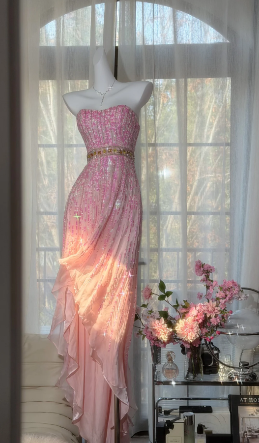 Glamorous Pink Strapless Chiffon Sequin Beaded Mermaid Party Dress Long Prom Dress